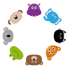 Cat, jaguar, dog, hippopotamus, elephant, bear, frog, koala. Zoo animal head face. Cute cartoon character set. Round circle frame. Baby children education. Flat design White background Isolated