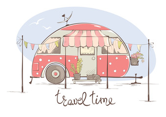 Summer travel in a house on wheels / Funny pink retro trailer, vector illustration