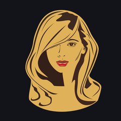Beauty logo. Woman's face. Abstract concept. Flat design. Vector illustration, gold-black background.