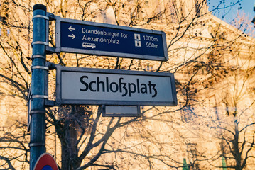 Berlin, Germany - December 02, 2016: Road sign direction to Schlafplatz, alexanderplatz,Brandenburg...