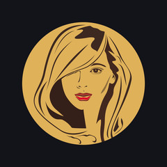 Beauty logo. Woman's face. Abstract concept. Flat design. Vector illustration, gold-black background.