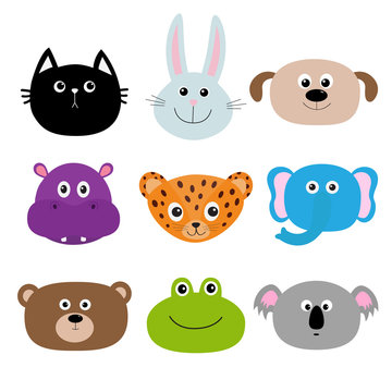 Zoo animal head face. Cute cartoon character set. Baby children education. Cat, rabbit, hare, jaguar, dog, hippopotamus, elephant, bear, frog, koala. Flat design. White background. Isolated