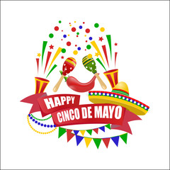 Cinco de Mayo. An inscription with a wish for happiness on the ribbon. Sombrero, flags, maracas and red peppers. illustration