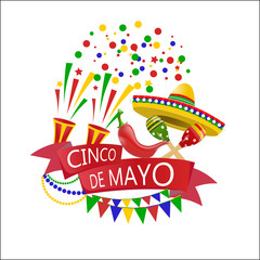 Holiday of Cinco de Mayo. Confetti and crackers. Sombrero, flags, maracas and red peppers. illustration