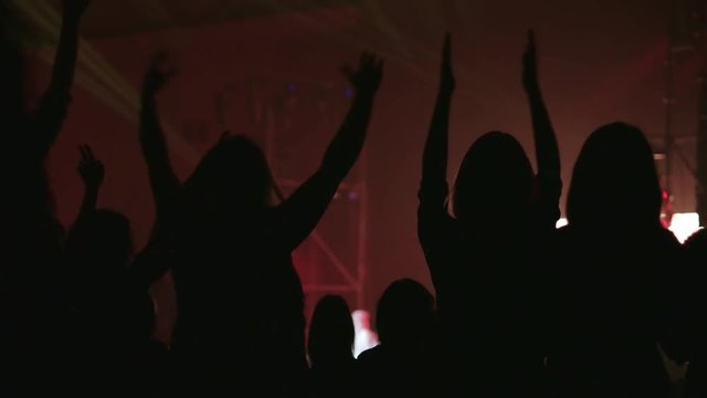 hands up at live rock concert, girls dancing in backlight, crowd partying at live performance, crowd of people illuminated by colorful lights, drunk fans dancing at rock concert, people clapping