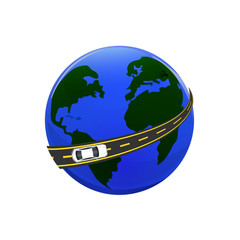 Traveling by car. The globe, the road, the car. illustration