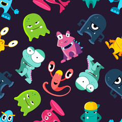 Ugly but cute funny monsters vector seamless pattern