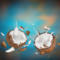 close-up of a coconuts with milk splash.
