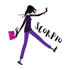 Scorpio horoscope sign as a business style woman walking. Vector illustration