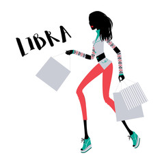 Fashion woman with a shopping bags as libra horoscope sign. Sale concept. Vector illustration