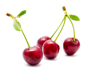 Juicy cherry with leaf isolated