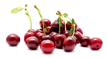 Juicy cherry with leaf isolated