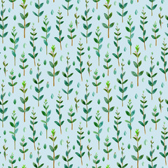 Floral seamless pattern.Eucalyptus branches.Image for fabric, paper and other printing and web projects.Watercolor hand drawn illustration.Blue background.