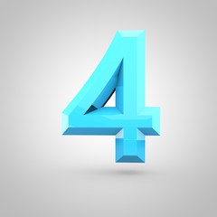 Blue low poly alphabet number 4 isolated on white background.