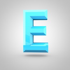 Blue low poly alphabet letter E uppercase isolated on white background.