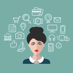 Vector illustration of woman flat icon with social media images around her in flat style.