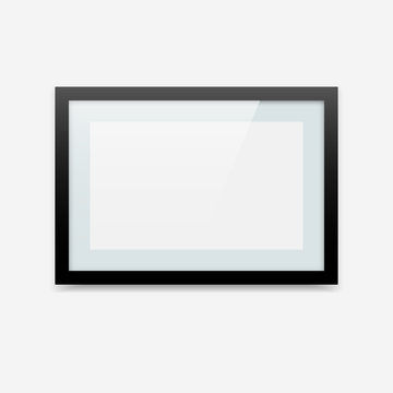 Horizontal black vector photo frame with tender blue passe-partout. Picture frame mockup with landscape orientation.