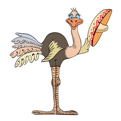 Cartoon image of bird wearing hat. An artistic freehand picture.