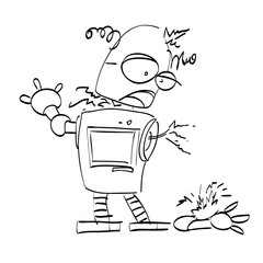 Cartoon image of broken robot. An artistic freehand picture.