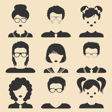 Vector set of different male and female children icons in trendy flat style.People faces.Collection of students avatars.