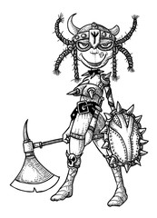 Cartoon image of female viking. An artistic freehand picture.