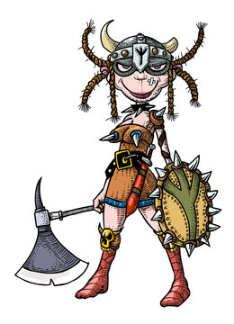 Cartoon image of female viking. An artistic freehand picture.