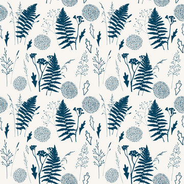 Vector floral seamless pattern with  wild meadow  grasses, fern leaves and stylized flowers outlines .
