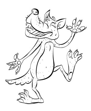 Cartoon image of happy wolf dancing. An artistic freehand picture.