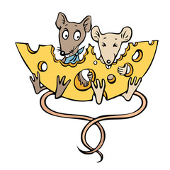 Cartoon image of mice with cheese. An artistic freehand picture.