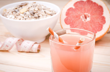 healthy breakfast with muesli and juice/background of healthy food with muesli and juice