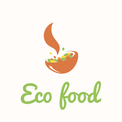 Obraz premium Vector logo template for vegan cafe, restaurant, eco food shop or store. Illustration of dishes with food. Modern design for vegetarian logotype. EPS10.