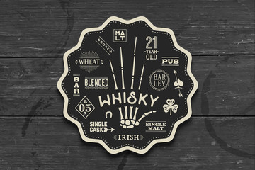 Coaster for whiskey and alcoholic beverages. Vintage drawing for bar, pub and whiskey themes. Black and white circle for placing whiskey glass over it with lettering, drawings. Vector Illustration