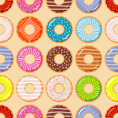 Vector seamless pattern with colorful donuts with glaze and sprinkles. 

