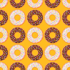 Vector seamless pattern with colorful donuts with glaze and sprinkles. 

