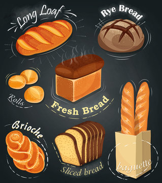 Advertising bakery on the chalkboard. Set of bakery products. Menu. Long loaf, rye bread, baguette, rolls, white bread, sliced bread, brioche. Vector illustration