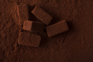 Close-up of dark tasty chocolate candies covered in chocolate powder