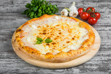 Pizza with cheese, with rosemary and spices on a light wooden background. Italian pizza on a background of green basil and fresh vegetables