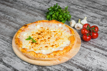 Pizza with cheese, with rosemary and spices on a light wooden background. Italian pizza on a background of green basil and fresh vegetables