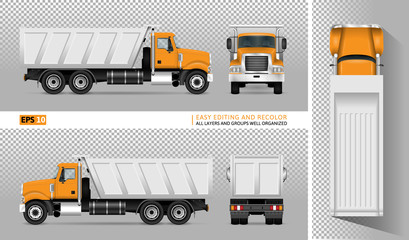 Vector dump truck. Tipper lorry on transparent background. All elements in the groups have names, the view sides are on separate layers for easy editing. View from side, back, front and top.