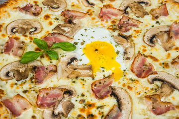 Pizza with bacon, mushrooms and egg, with rosemary and spices on a light wooden background. Italian pizza on a background of green basil and fresh vegetables