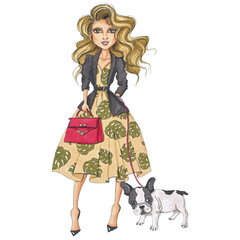 Girl With Dog Hand-Painted Fashion Illustration