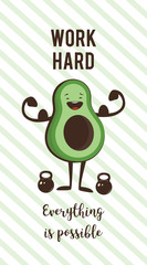 poster of happy avocado exercise ad heavy lifting. Healthy lifestyle motivation poster