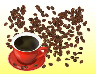 Coffee Beans and Red Cofee Cup Isolated in White Background.