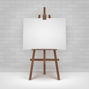 Vector Wooden Brown Easel with Mock Up Empty Blank Horizontal Canvas Standing on Floor in front of Brick Wall