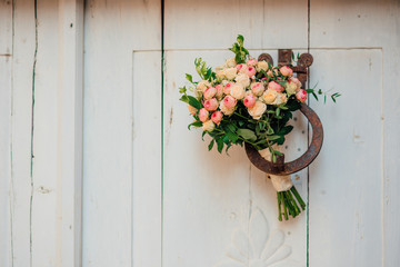 Fototapeta na wymiar Wedding bouquet on a wooden background. Wedding in Montenegro