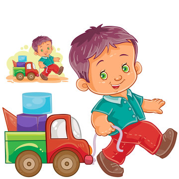 Vector illustration little boy rolling his car, truck. Print