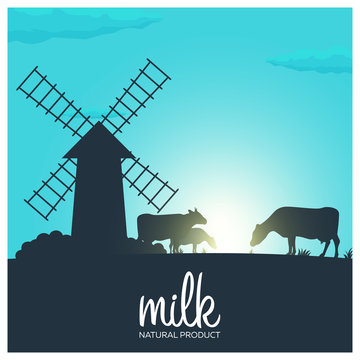 Milk natural product. Rural landscape with mill and cows. Dawn in the village.