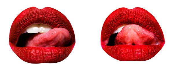 Beautiful lips collection with sexy tongue. Beautiful make-up closeup. Sensual open mouth isolated...