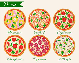 Pizza set vector illustration. Hawaiian, Margherita, Pepperoni, Vegetarian, Mexican, Mushroom pizza