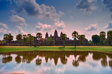 Fototapeta na wymiar Angkor Wat temple with reflection on water, Siem Reap, Cambodia